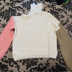 Colorblock Turtleneck Sweater - Cream, Pink, and Beige